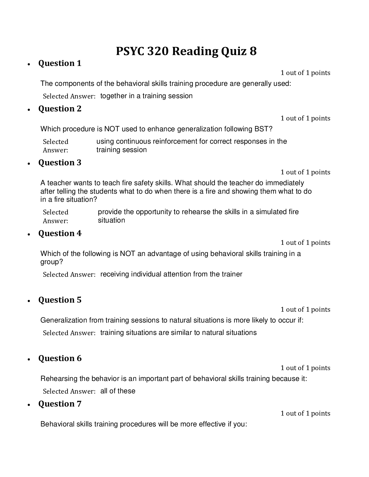 Preview image of PSYC 320 Reading Quiz 8 with verifiable answers document